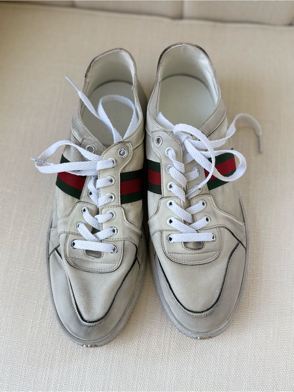 White Low-Top Leather Sneakers with Green & Red Stripe